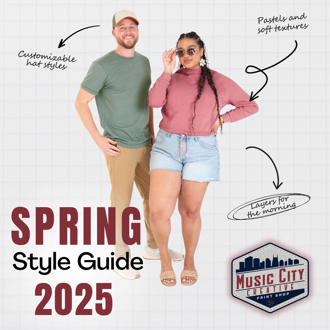 Models wearing t-shirt and hoodie blanks with descriptions of spring style trends. 